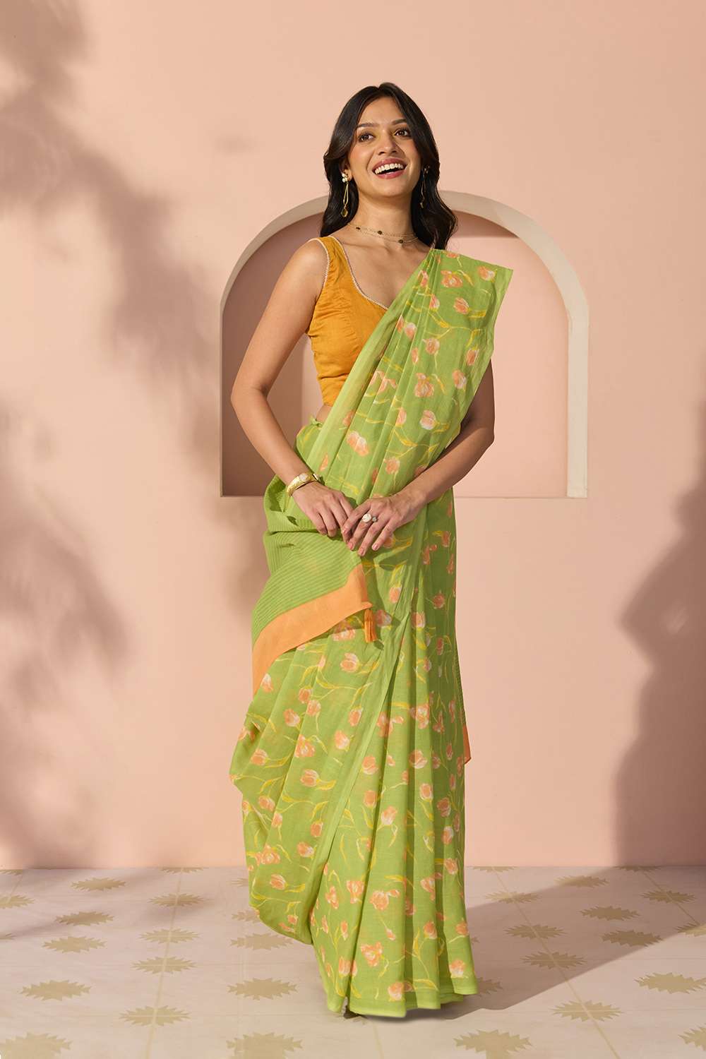 Light Green Bengal Screen Printed Pure Cotton Mulmul Saree image number null