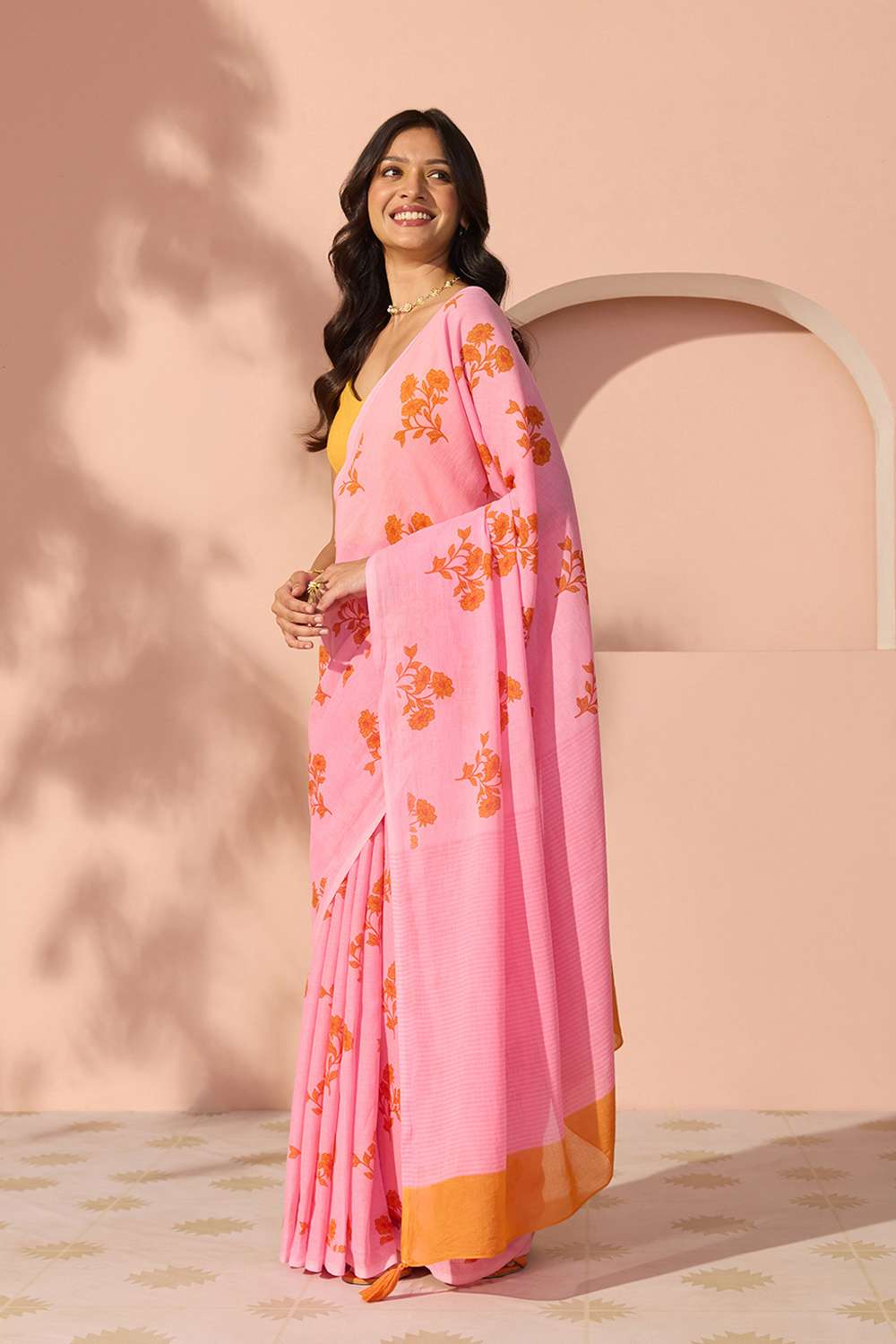 Pink Bengal Screen Printed Pure Cotton Mulmul Saree image number null