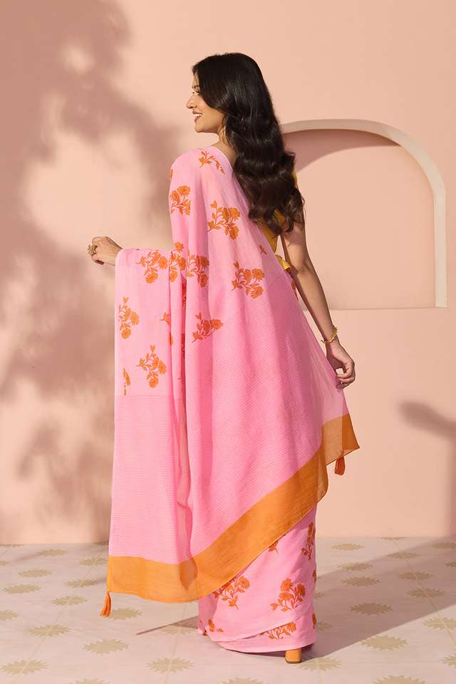 Pink Bengal Screen Printed Pure Cotton Mulmul Saree thumbnail image number null