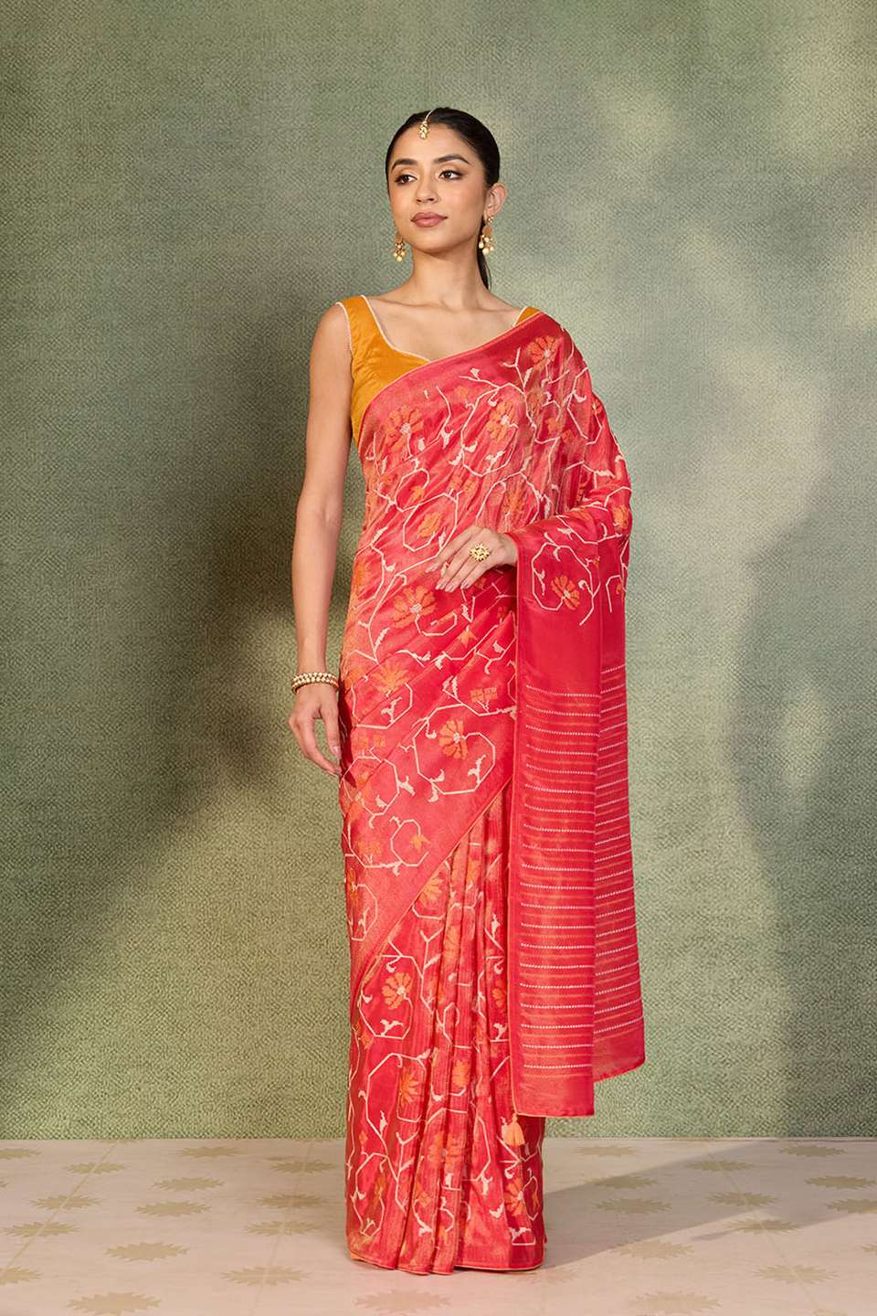 Dark Pink Embroidered Viscose Tissue Saree