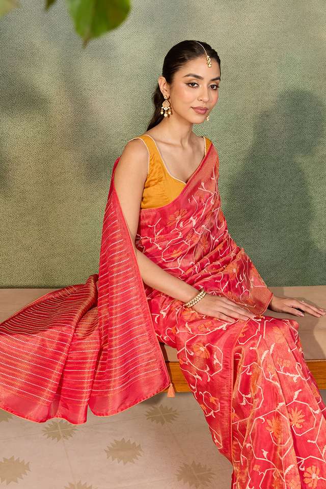 Dark Pink Embroidered Viscose Tissue Saree thumbnail image number null