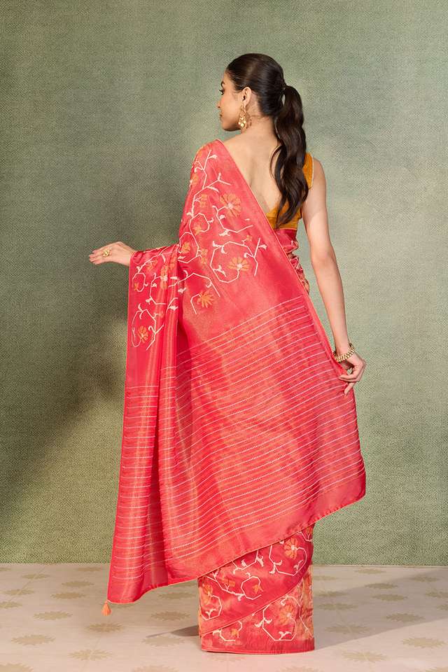 Dark Pink Embroidered Viscose Tissue Saree thumbnail image number null