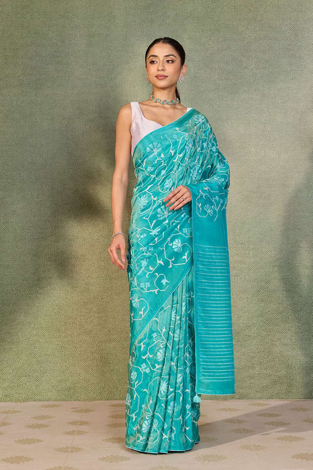 Blue Embroidered Viscose Tissue Saree image number null
