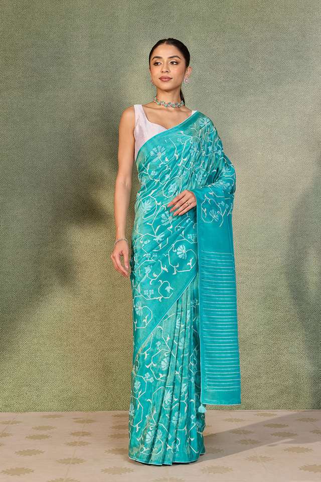 Blue Embroidered Viscose Tissue Saree image number