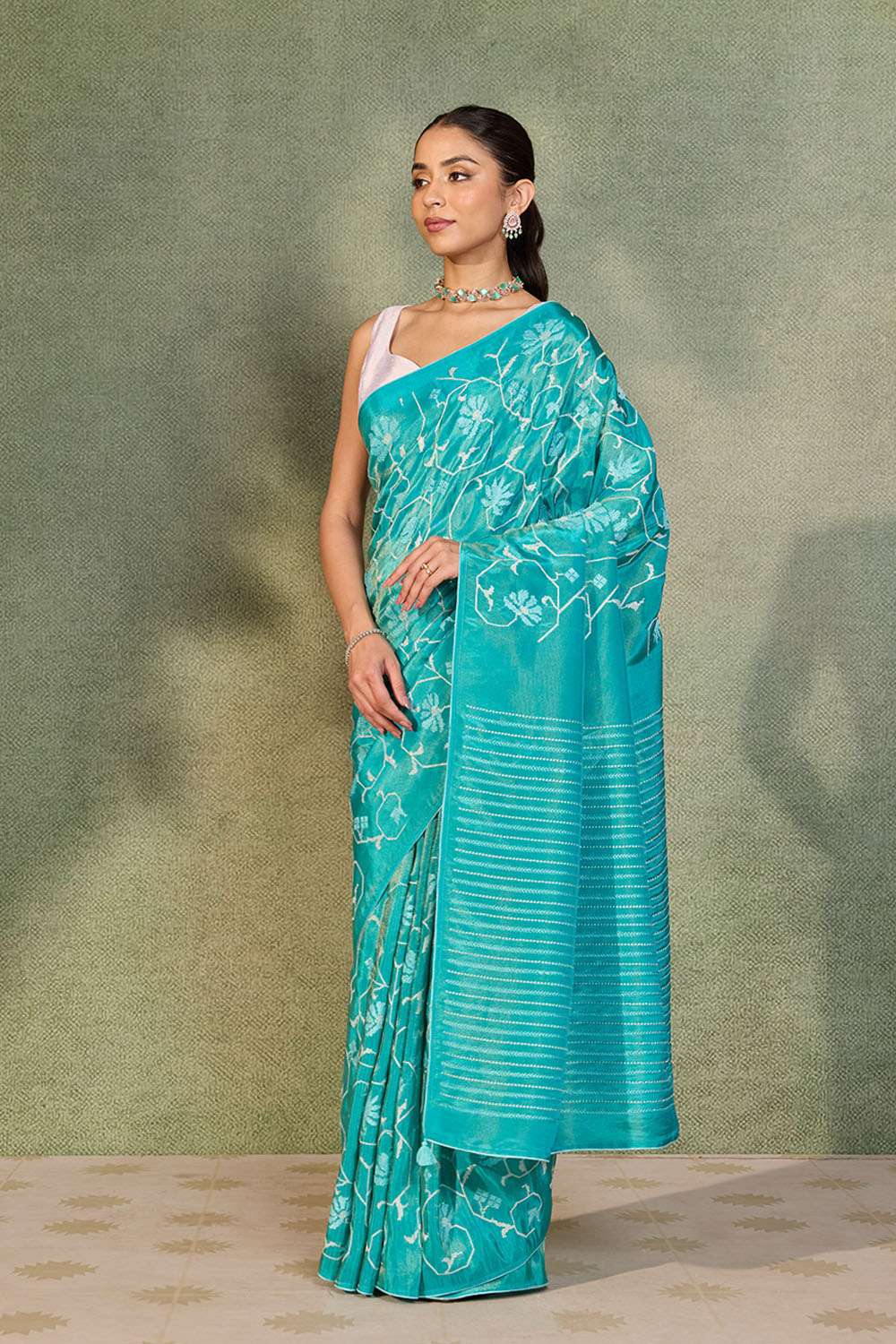 Blue Embroidered Viscose Tissue Saree image number null