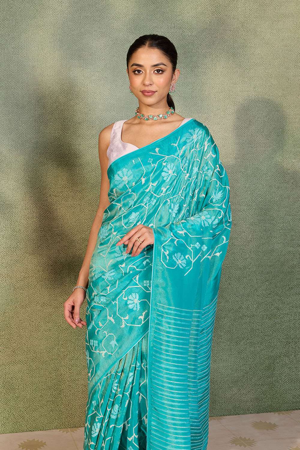 Blue Embroidered Viscose Tissue Saree image number null