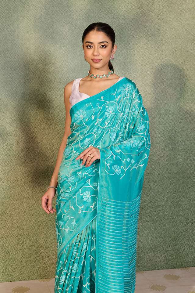 Blue Embroidered Viscose Tissue Saree thumbnail image number null