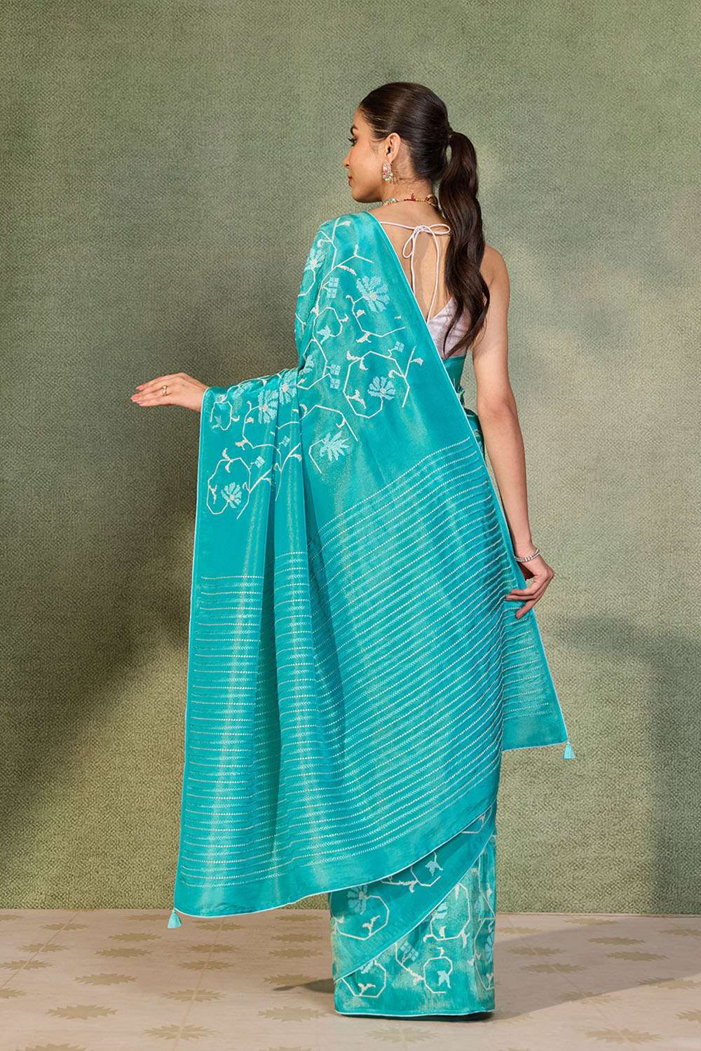 Blue Embroidered Viscose Tissue Saree image number null