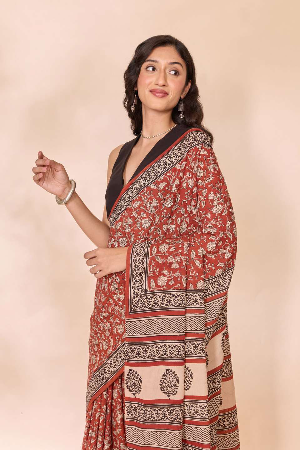 Dark Red Rajasthan Block Printed Pure Cotton Saree