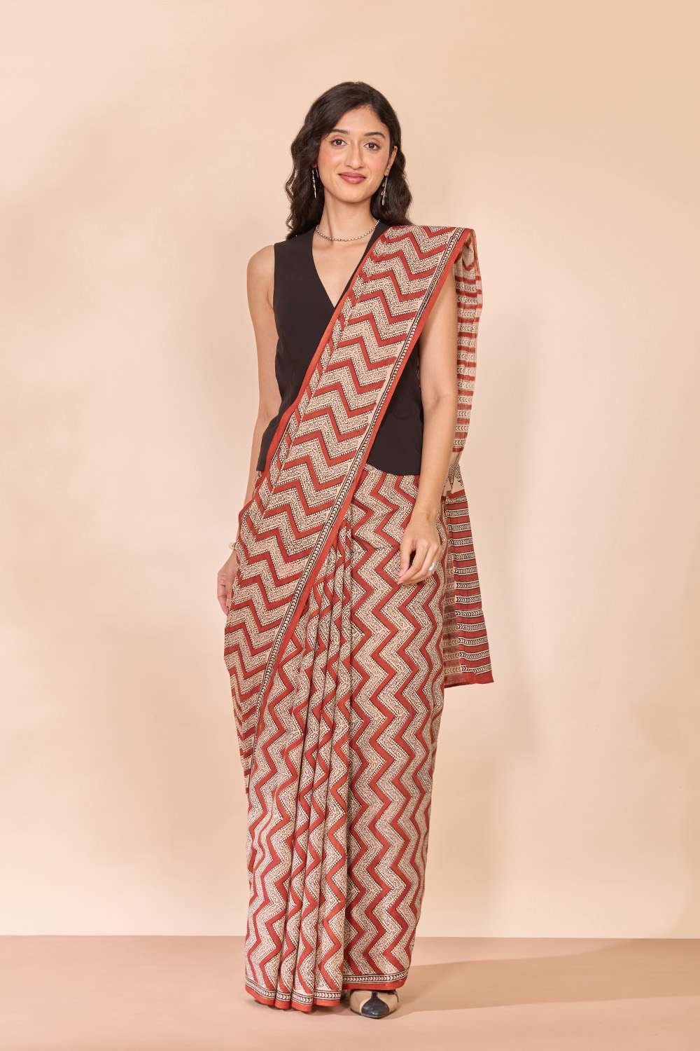 Dark Red Rajasthan Block Printed Pure Cotton Saree image number null