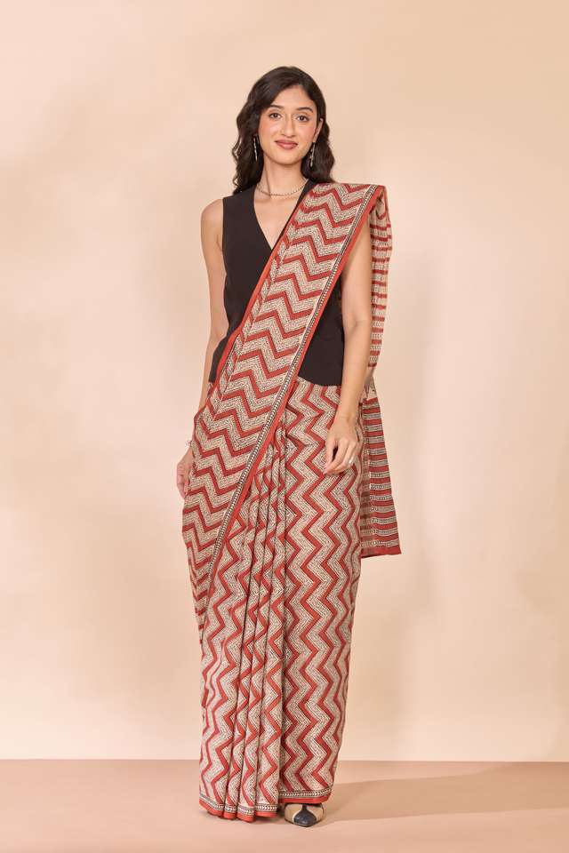Dark Red Rajasthan Block Printed Pure Cotton Saree thumbnail image number null