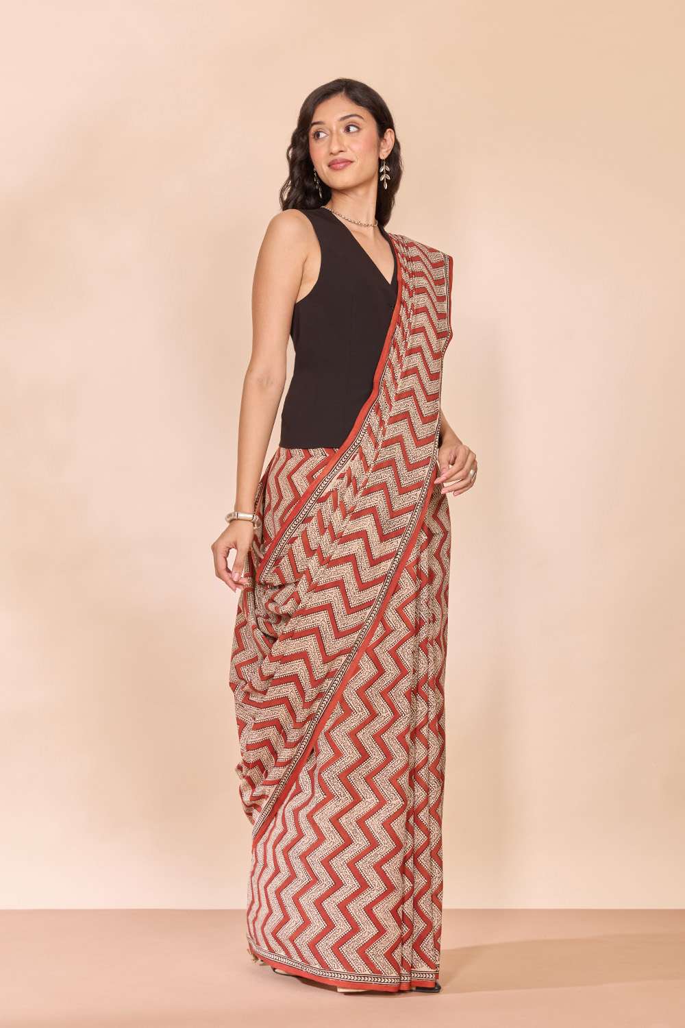 Dark Red Rajasthan Block Printed Pure Cotton Saree image number null