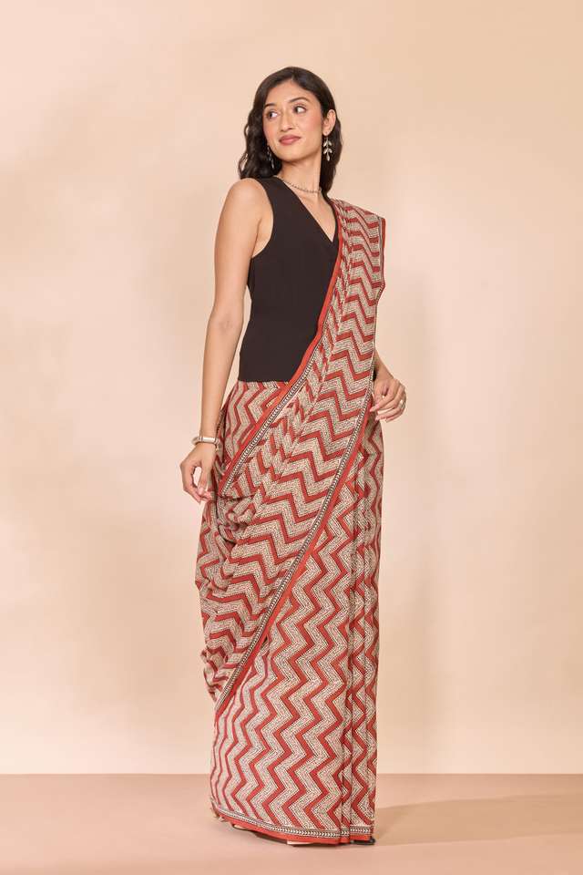 Dark Red Rajasthan Block Printed Pure Cotton Saree thumbnail image number null