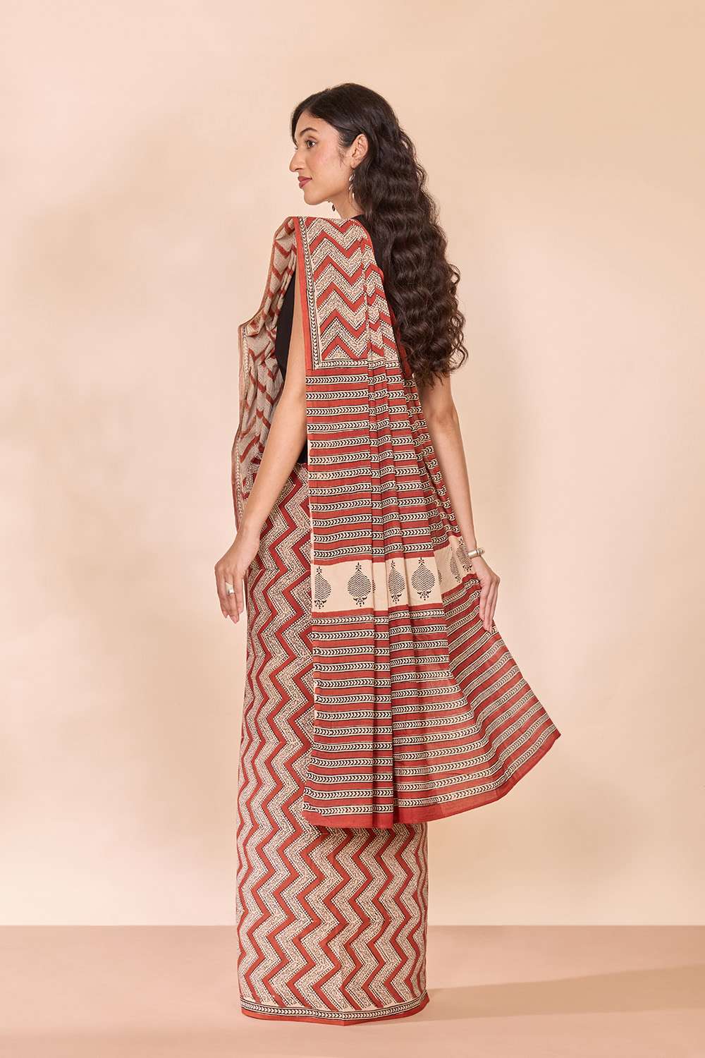 Dark Red Rajasthan Block Printed Pure Cotton Saree image number null