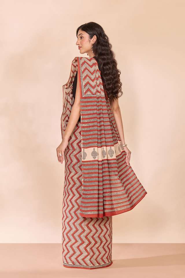 Dark Red Rajasthan Block Printed Pure Cotton Saree thumbnail image number null
