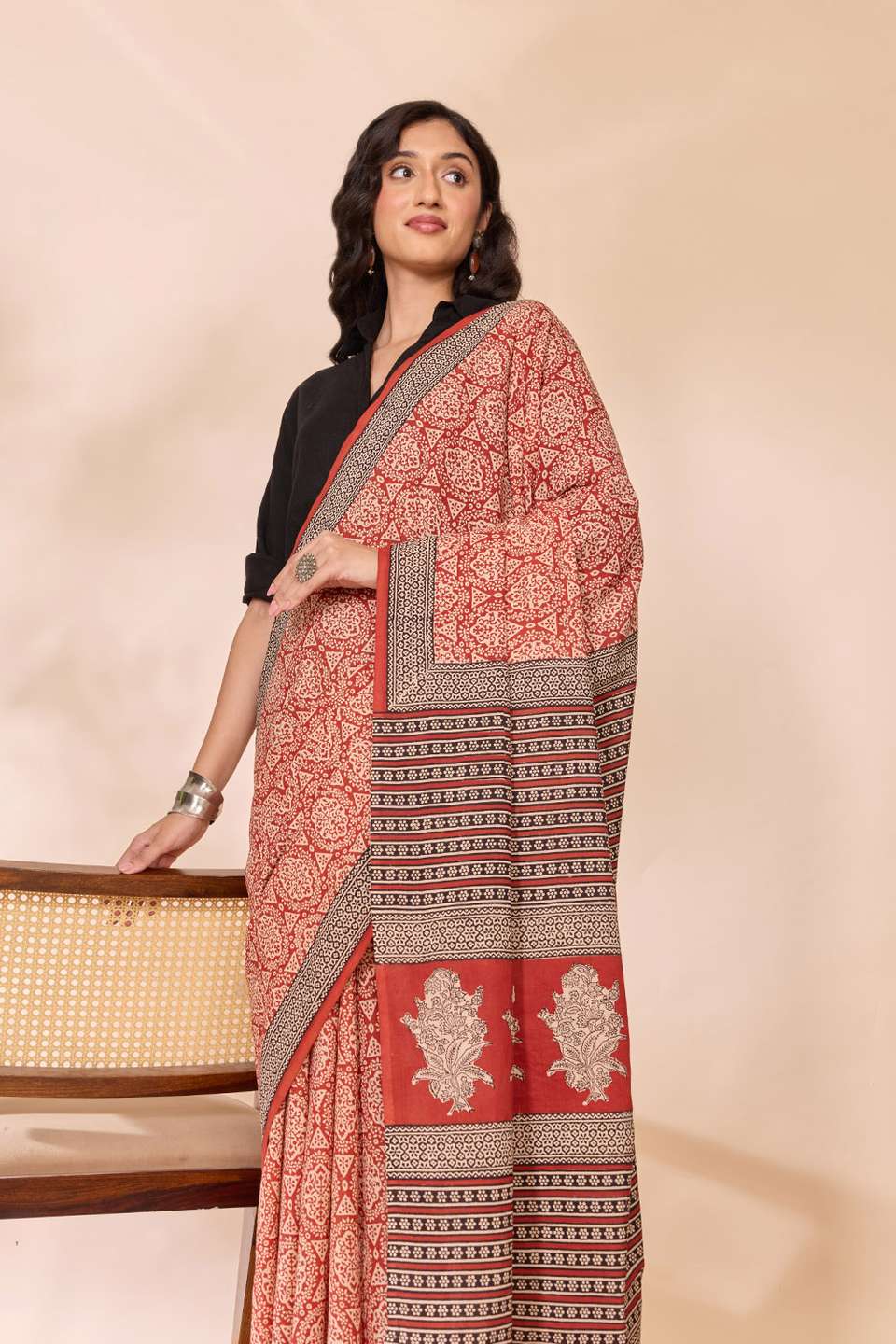 Dark Red Rajasthan Block Printed Pure Cotton Saree