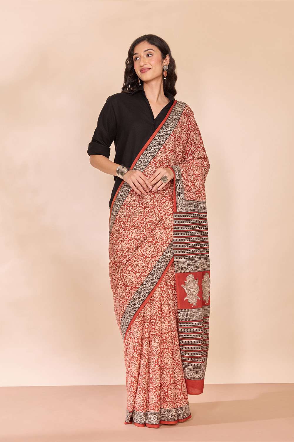 Dark Red Rajasthan Block Printed Pure Cotton Saree image number null