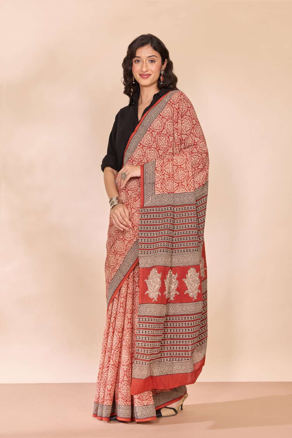 Dark Red Rajasthan Block Printed Pure Cotton Saree image number null