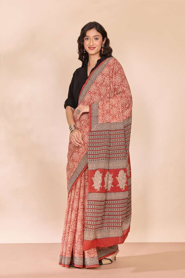 Dark Red Rajasthan Block Printed Pure Cotton Saree thumbnail image number null
