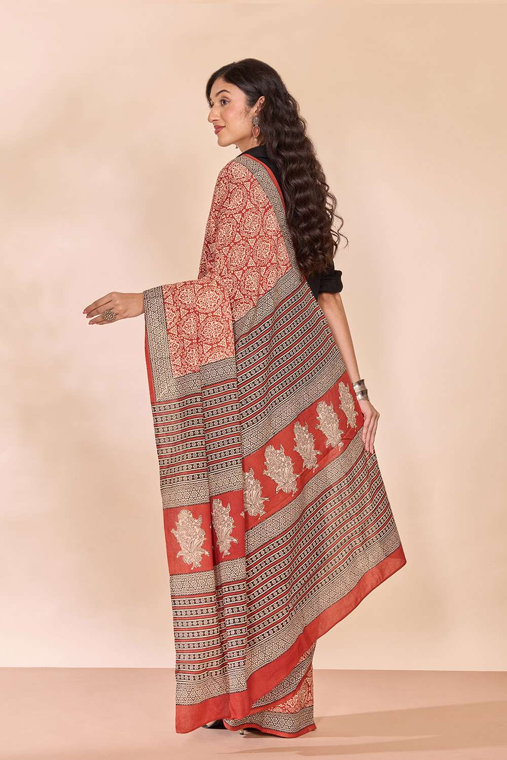 Dark Red Rajasthan Block Printed Pure Cotton Saree image number null