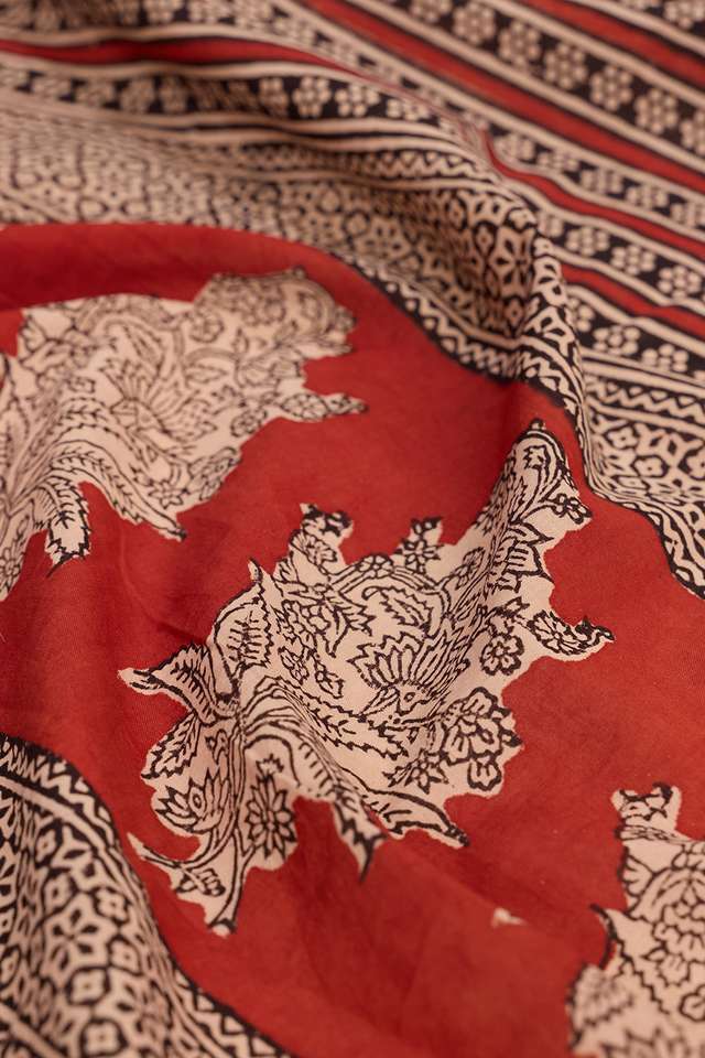 Dark Red Rajasthan Block Printed Pure Cotton Saree thumbnail image number null