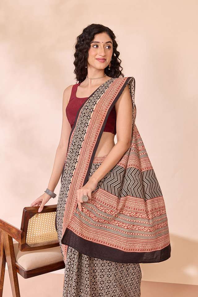 Black Rajasthan Block Printed Pure Cotton Saree image number