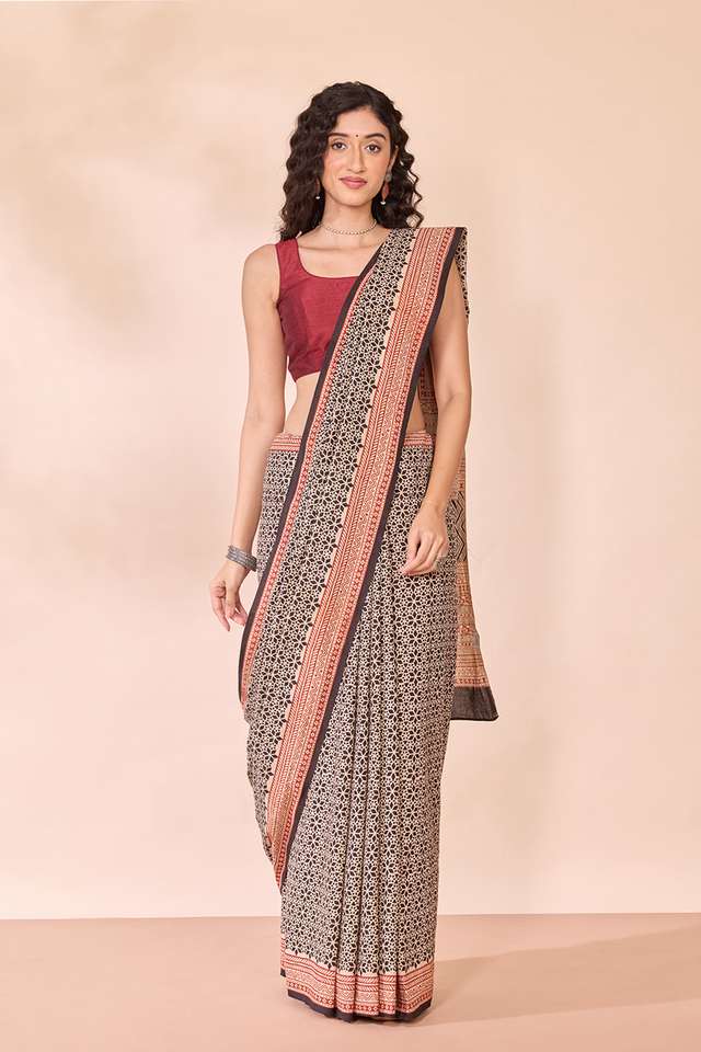 Black Rajasthan Block Printed Pure Cotton Saree thumbnail image number null