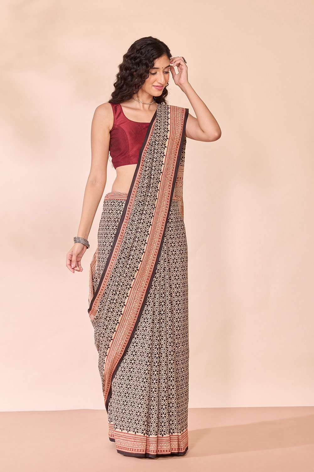 Black Rajasthan Block Printed Pure Cotton Saree image number null