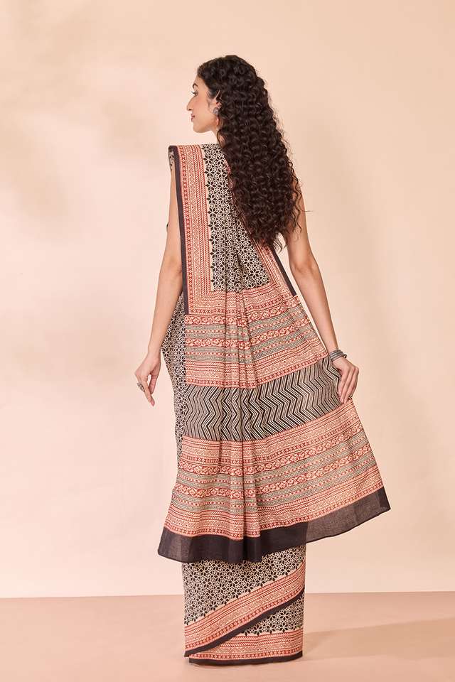 Black Rajasthan Block Printed Pure Cotton Saree thumbnail image number null