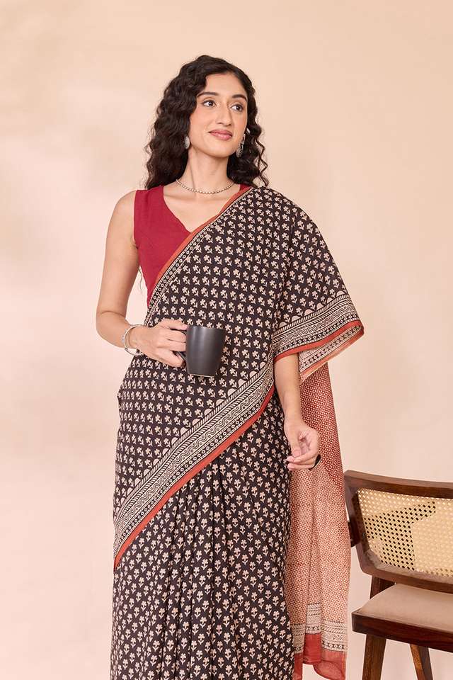 Black Rajasthan Block Printed Pure Cotton Saree image number