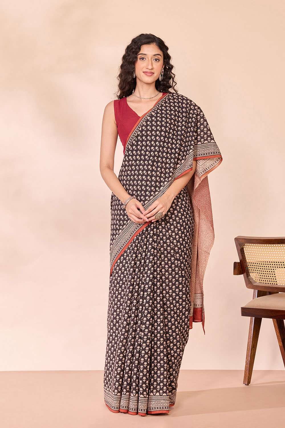 Black Rajasthan Block Printed Pure Cotton Saree image number null