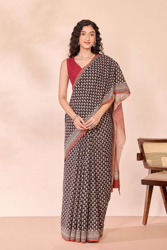 Black Rajasthan Block Printed Pure Cotton Saree thumbnail image number null