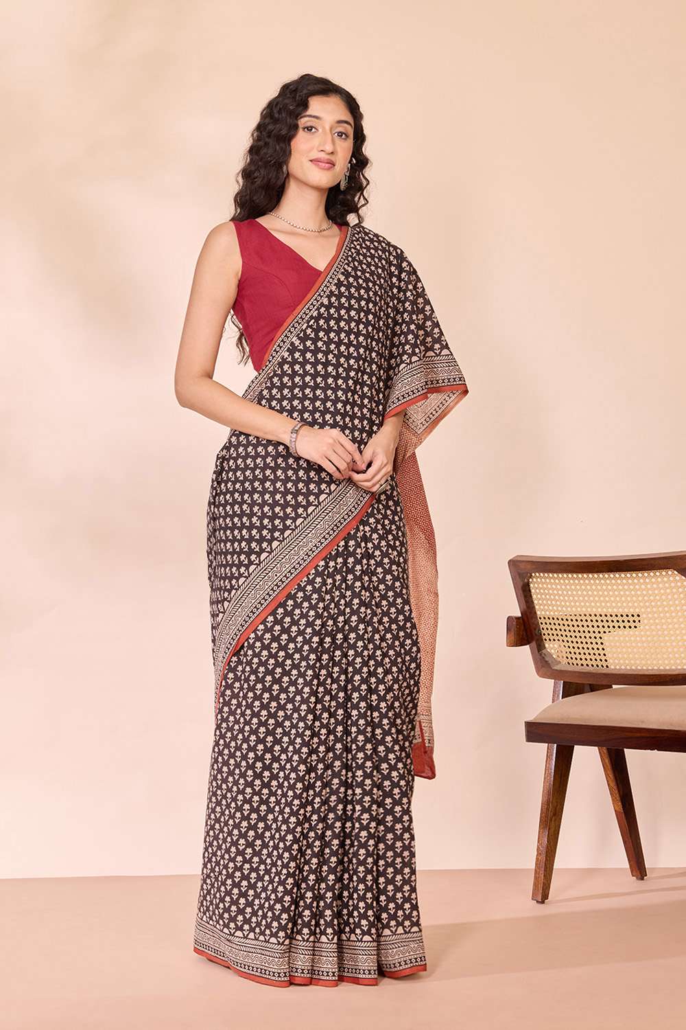 Black Rajasthan Block Printed Pure Cotton Saree image number null