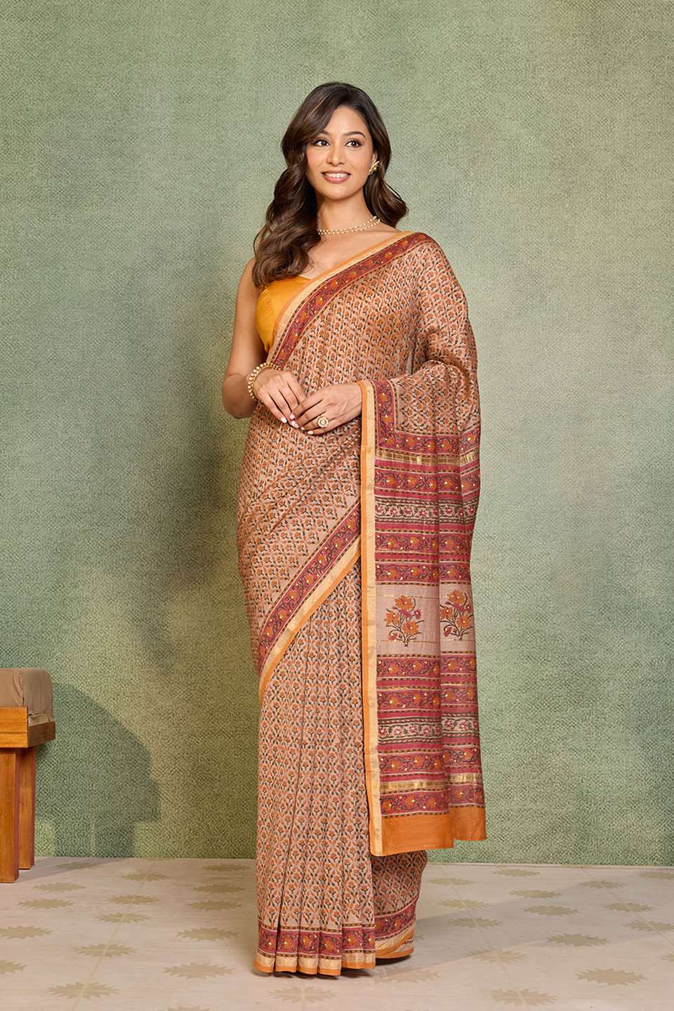 Beige Rajasthan Pure Silk Cotton Printed Sanganeri Saree