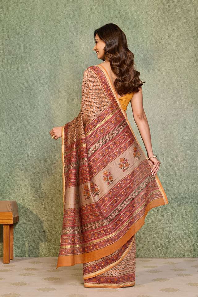Beige Rajasthan Pure Silk Cotton Printed Sanganeri Saree thumbnail image number null
