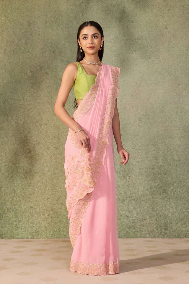 Light Pink  Viscose Georgette Embroidered Saree thumbnail image number null