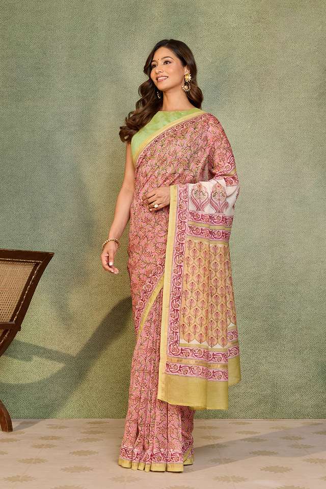 Pink Rajasthan Pure Silk Cotton Printed Sanganeri Saree thumbnail image number null