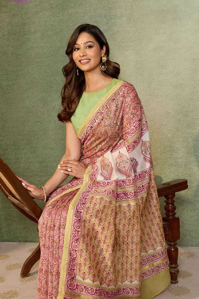 Pink Rajasthan Pure Silk Cotton Printed Sanganeri Saree thumbnail image number null