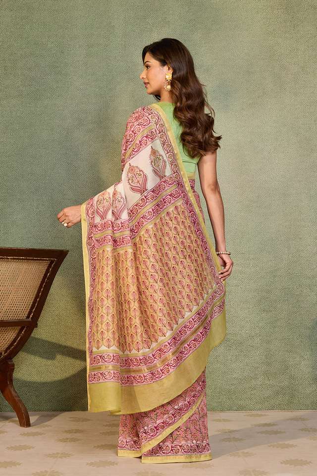 Pink Rajasthan Pure Silk Cotton Printed Sanganeri Saree thumbnail image number null