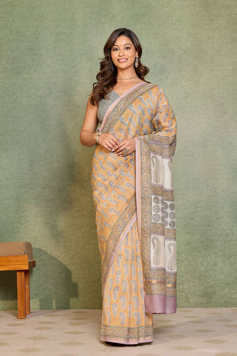 Light Orange Rajasthan Pure Silk Cotton Printed Sanganeri Saree