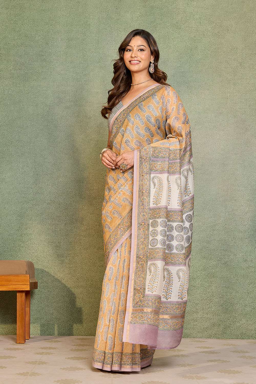 Light Orange Rajasthan Pure Silk Cotton Printed Sanganeri Saree image number null