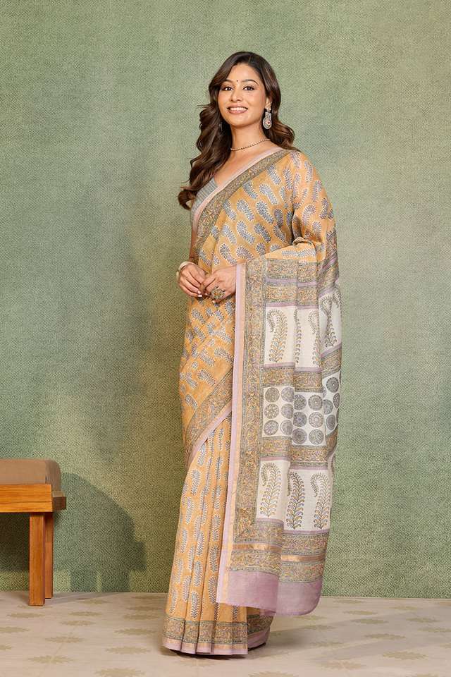 Light Orange Rajasthan Pure Silk Cotton Printed Sanganeri Saree thumbnail image number null