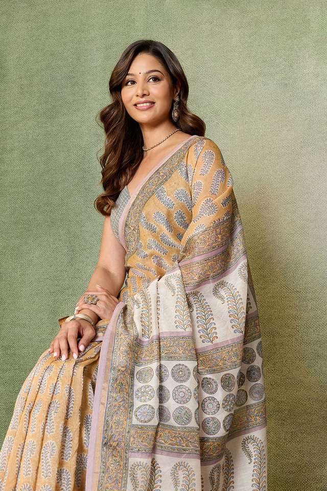 Light Orange Rajasthan Pure Silk Cotton Printed Sanganeri Saree thumbnail image number null