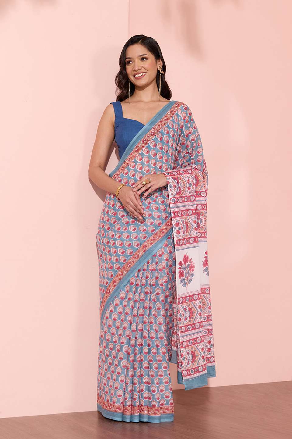 Blue Rajasthan Pure Cotton Printed Sanganeri Saree