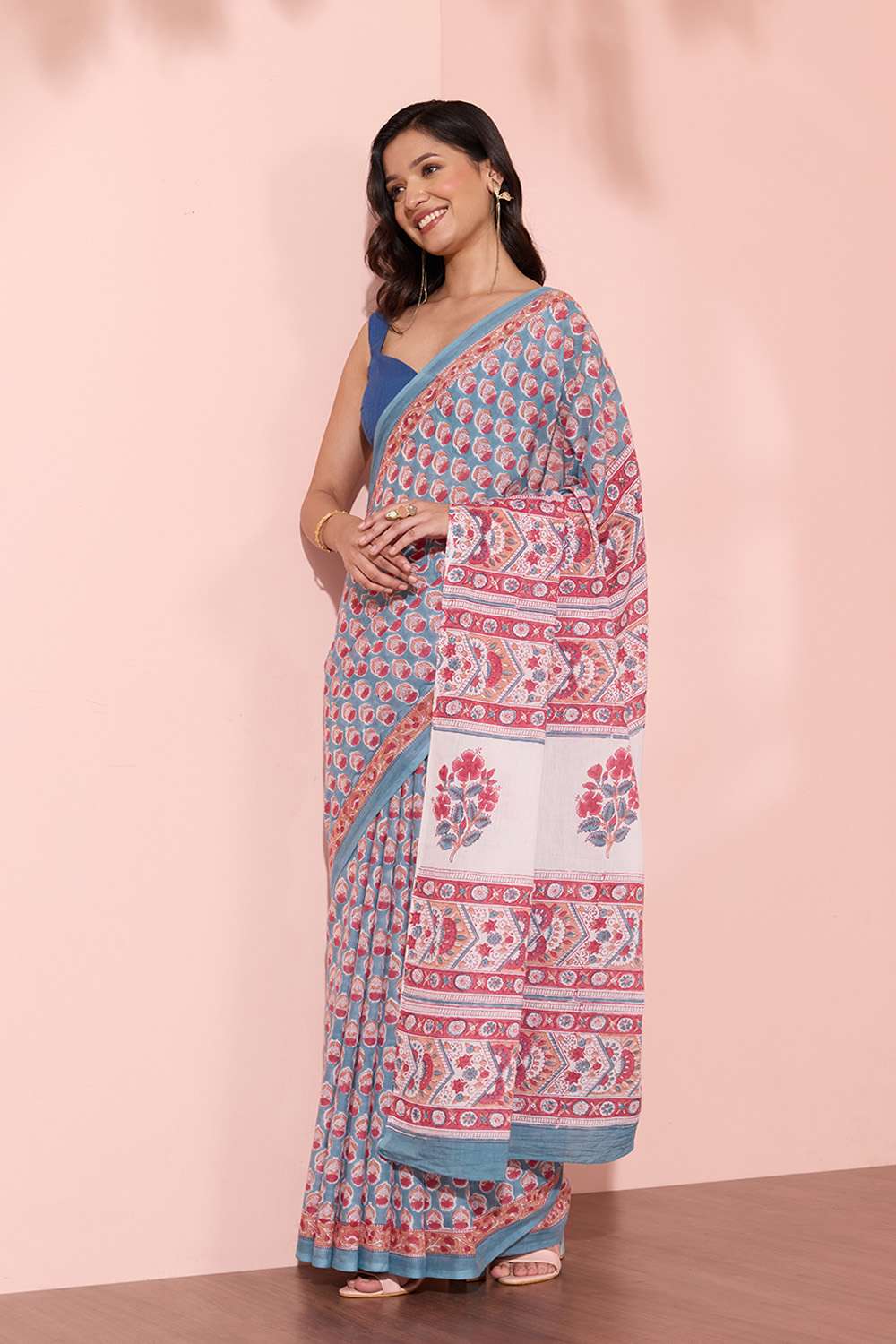 Blue Rajasthan Pure Cotton Printed Sanganeri Saree image number null