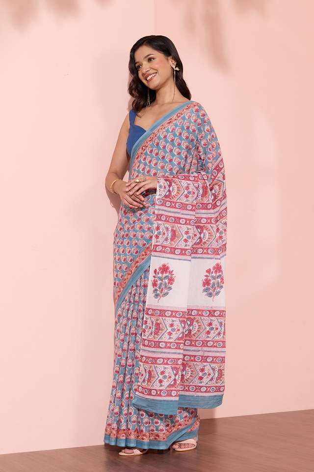 Blue Rajasthan Pure Cotton Printed Sanganeri Saree thumbnail image number null