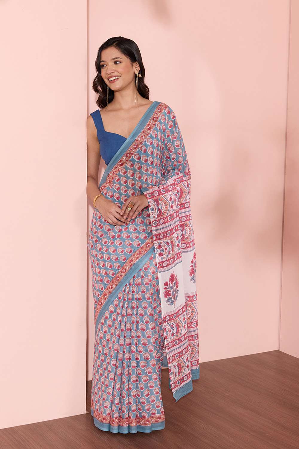 Blue Rajasthan Pure Cotton Printed Sanganeri Saree image number null