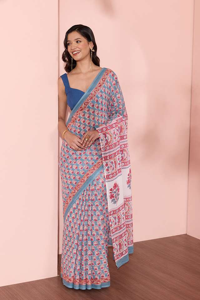 Blue Rajasthan Pure Cotton Printed Sanganeri Saree thumbnail image number null