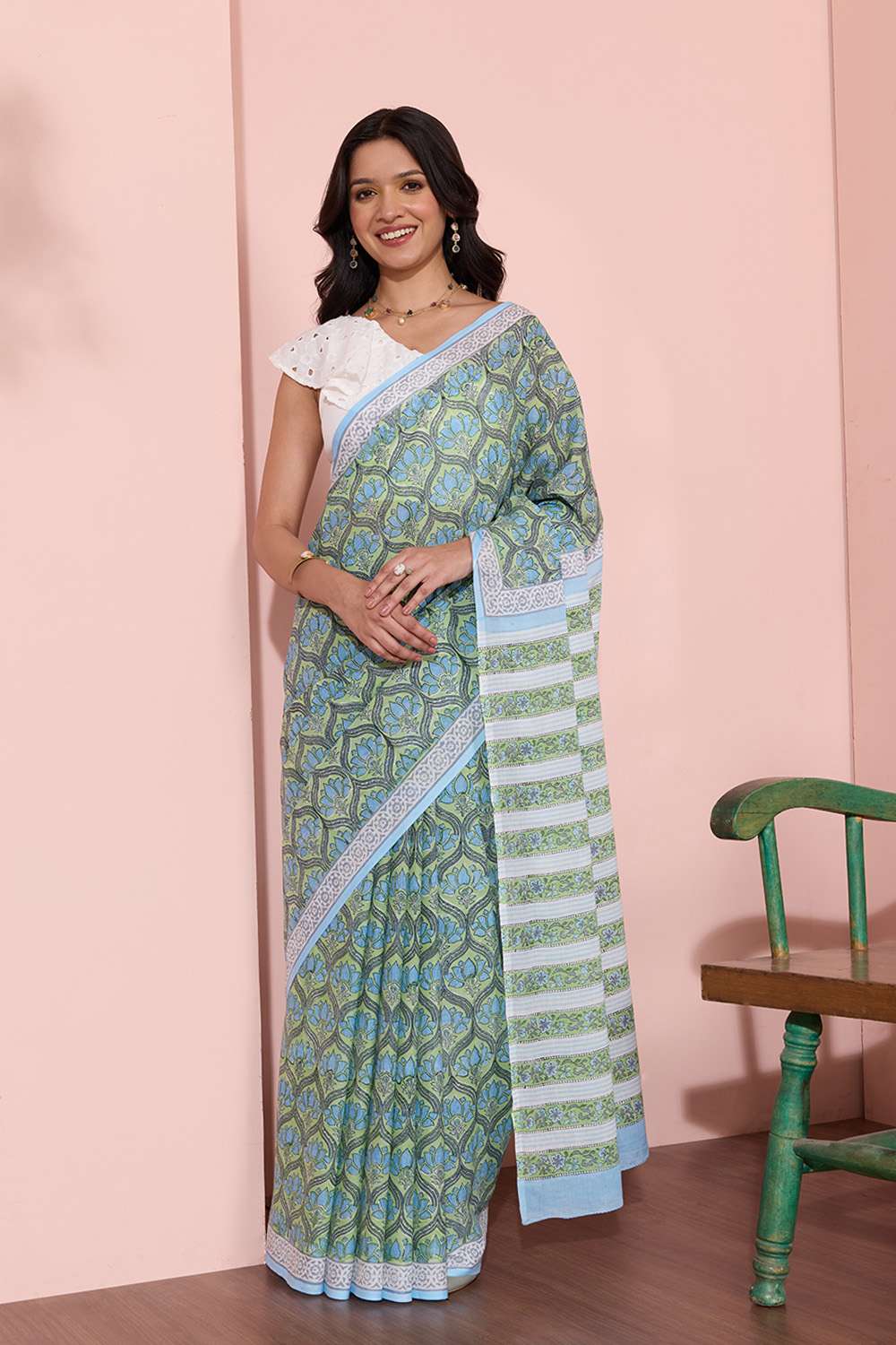 Light Green Rajasthan Pure Cotton Printed Sanganeri Saree image number null