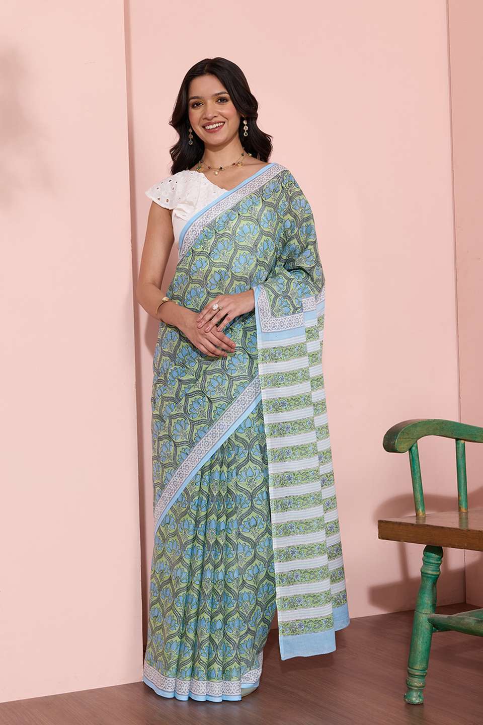 Light Green Rajasthan Pure Cotton Printed Sanganeri Saree